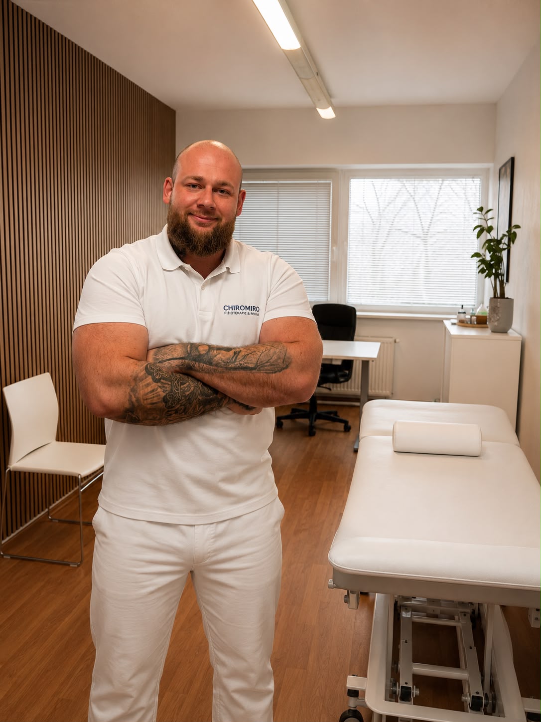 David Burýšek, physiotherapist and masseur at ChiroMiro Prague 8, in the therapy room with a treatment table.
