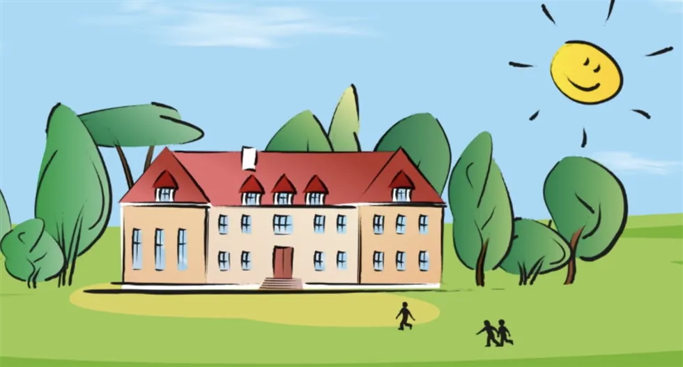 Kreslená ilustrace budovy Dětského domova v Pyšelích